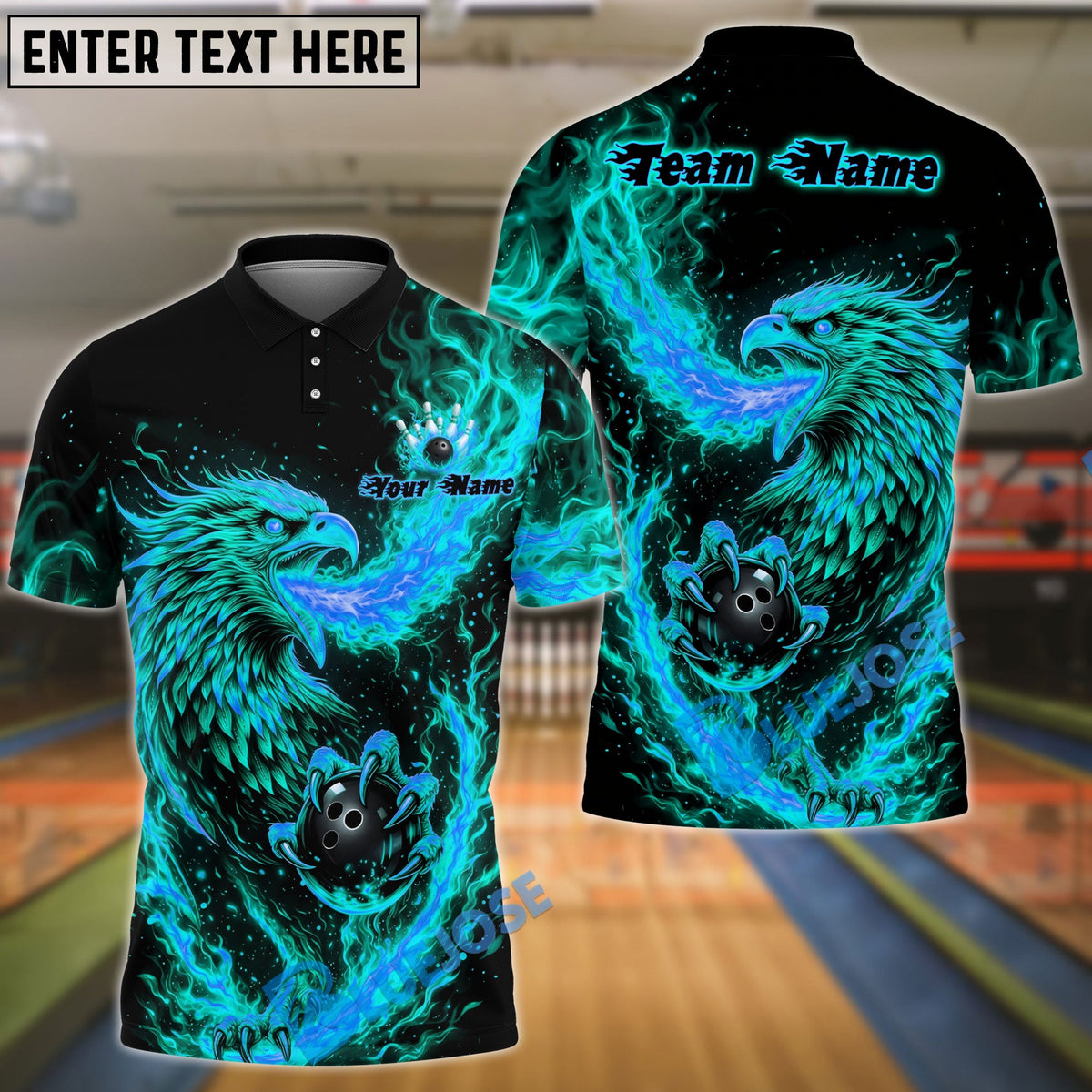 BlueJose Bowling & Pins Flame Rising Phoenix Customized Name, Team Name 3D Shirt (4 Colors)