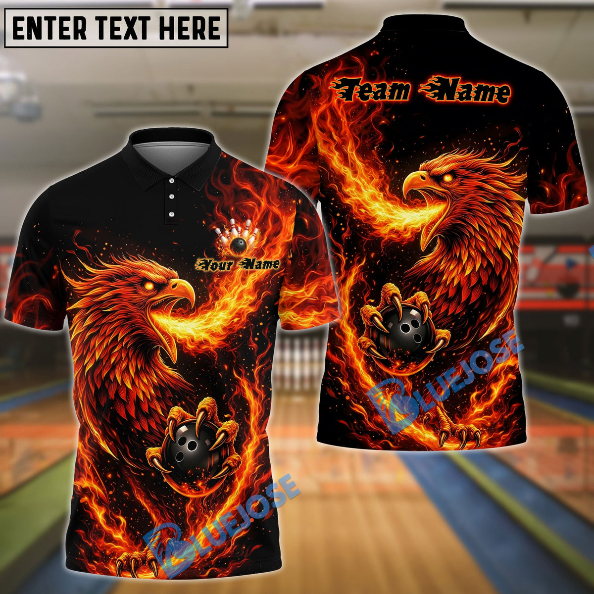 BlueJose Bowling &amp; Pins Flame Rising Phoenix Customized Name, Team Name 3D Shirt (4 Colors)