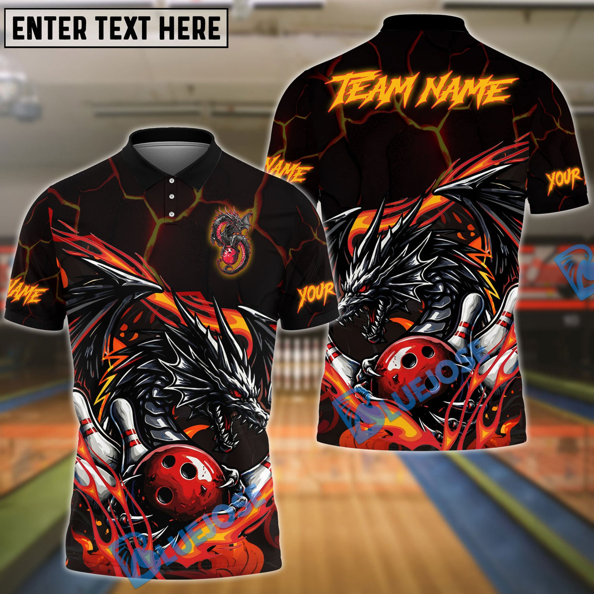 BlueJose Bowling &amp; Pins Flame Aura Dragon Customized Name, Team Name 3D Shirt (4 Colors)