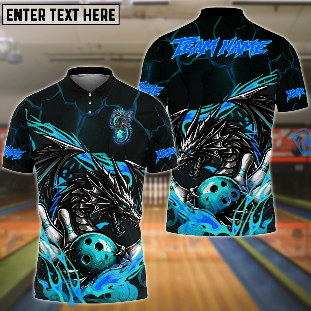 BlueJose Bowling & Pins Flame Aura Dragon Customized Name, Team Name 3D Shirt (4 Colors)