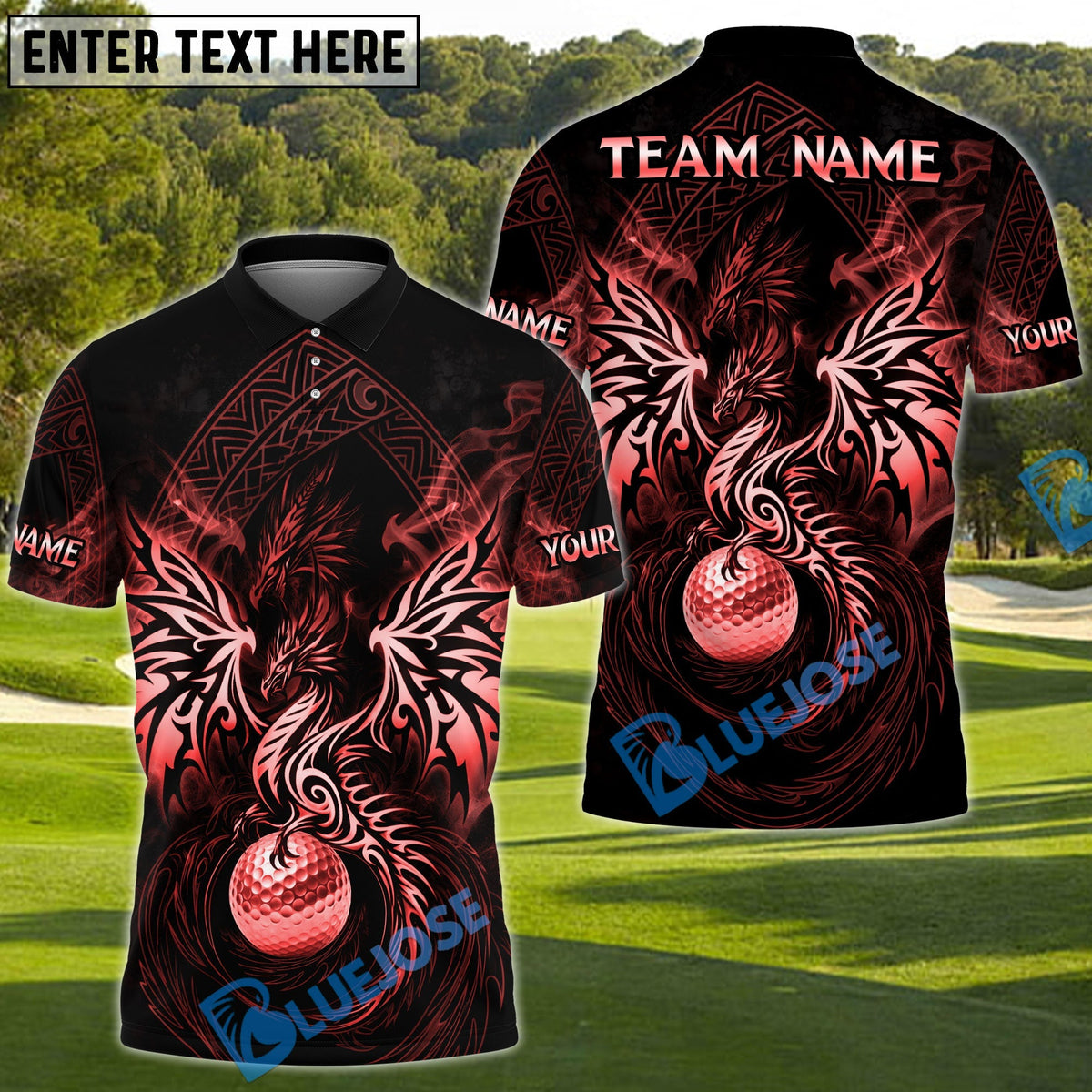 BlueJose Dragon Fairway Golf Polo Customized Name, Team Name 3D Shirts (4 Colors)