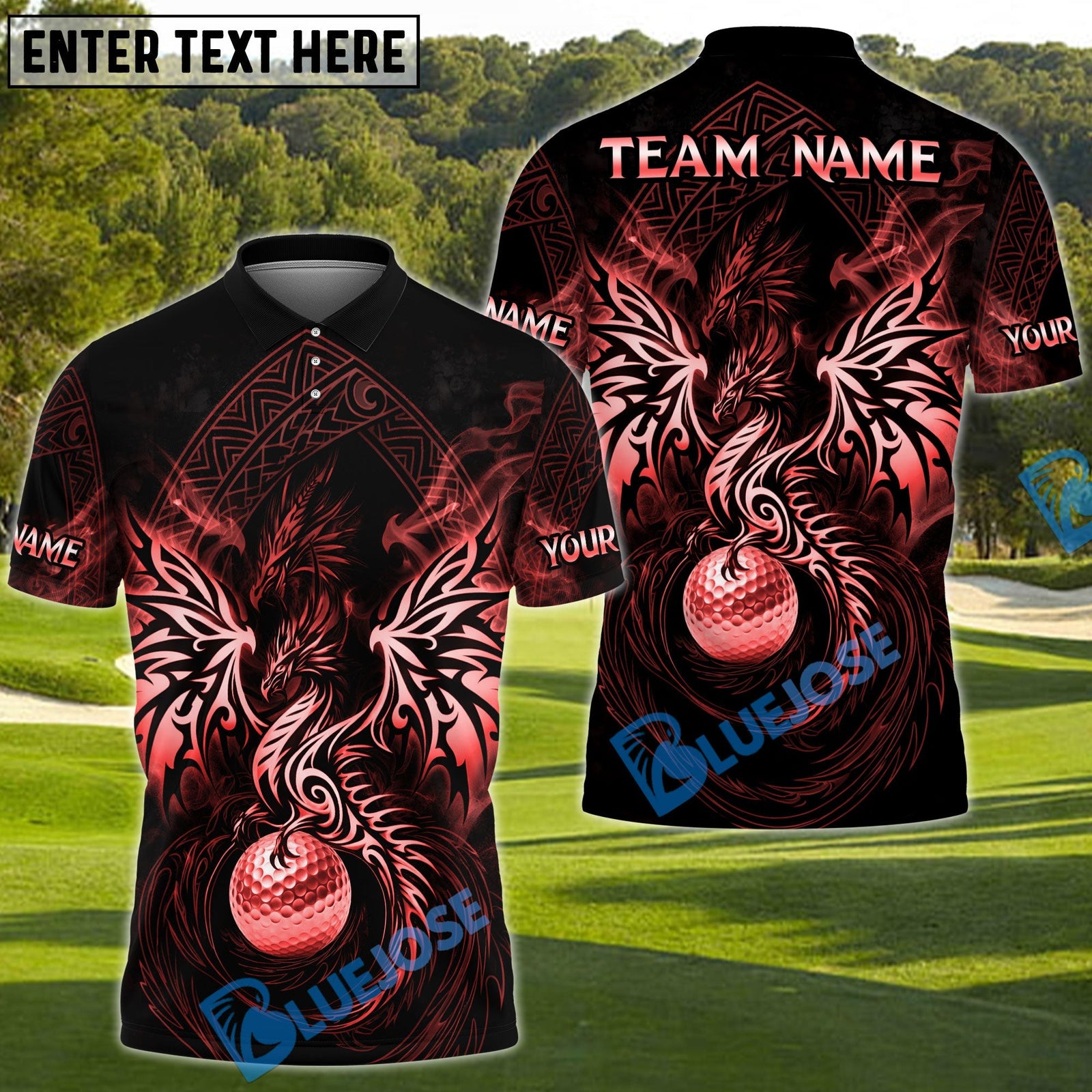 BlueJose Dragon Fairway Golf Polo Customized Name, Team Name 3D Shirts (4 Colors)