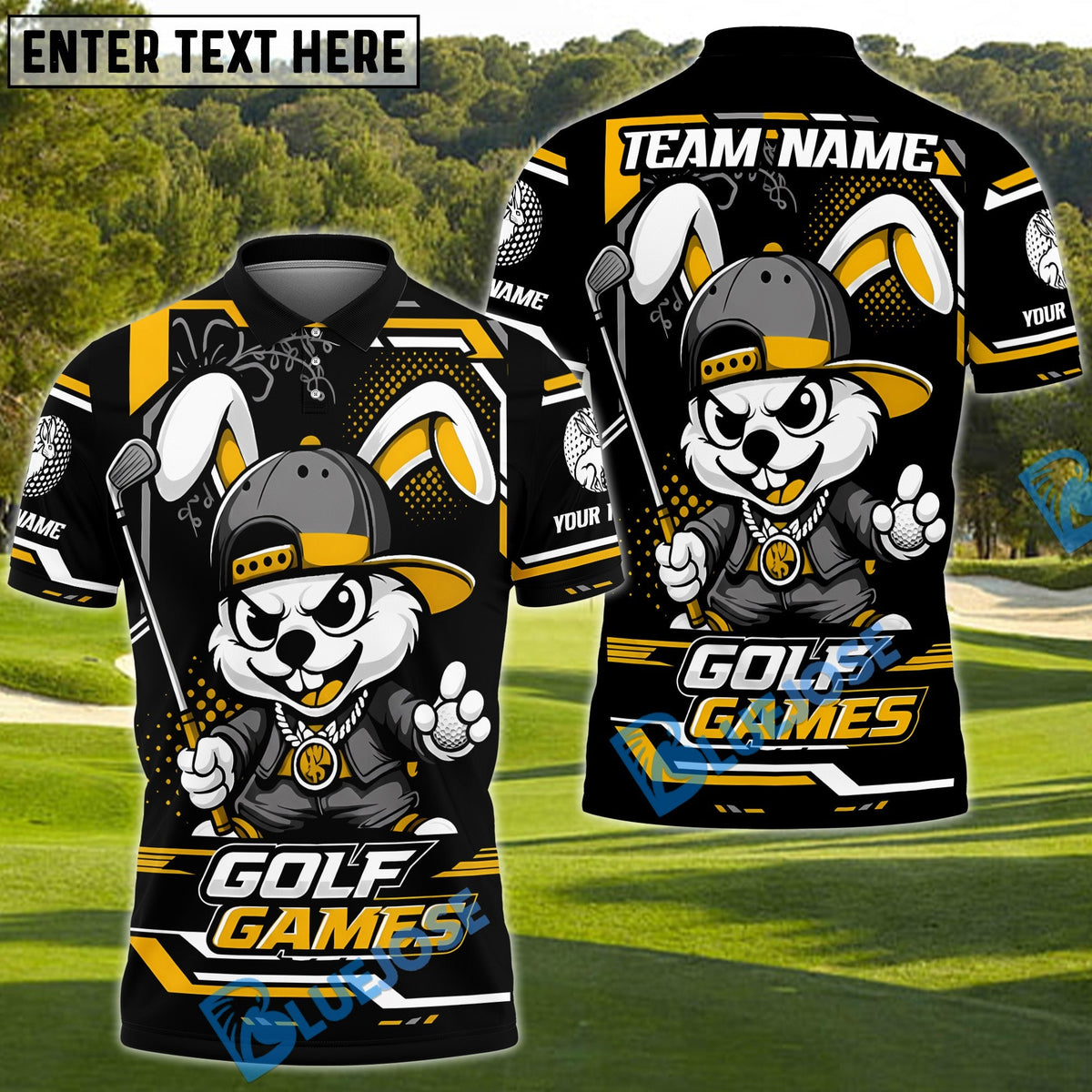 BlueJose Bunny Swing Golf Polo Customized Name, Team Name 3D Shirts (4 Colors)