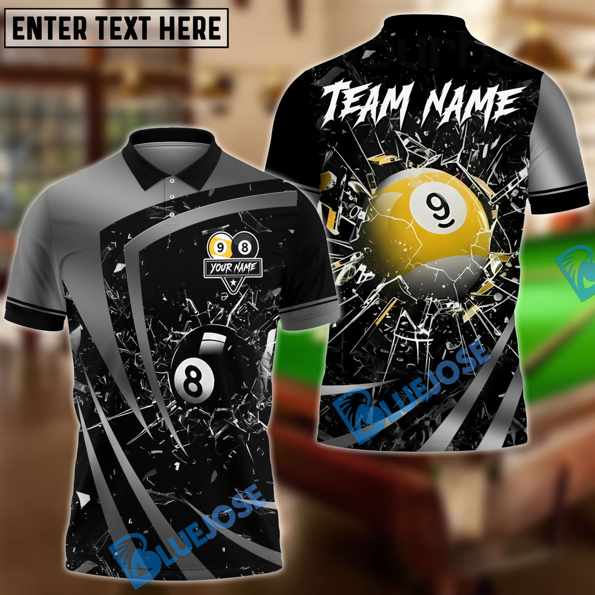 BlueJose Billiards 8 Ball &amp; 9 Ball Metallic Break Glass Customized Name, Team Name 3D Shirt (6 Colors)