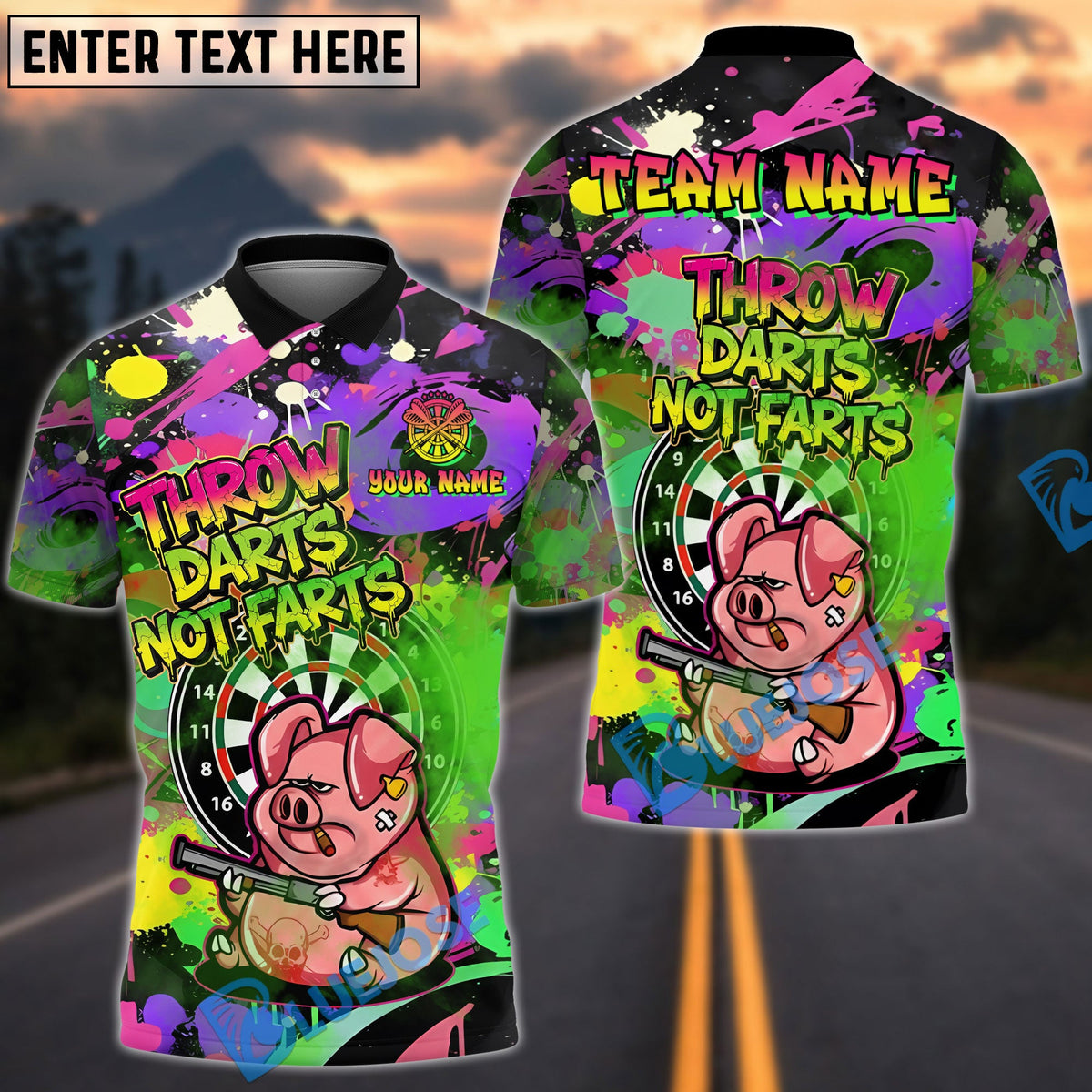 BlueJose Darts Grumpy Pig Throw Darts Not Farts Multicolor Options Personalized Name Shirt (6 Colors)