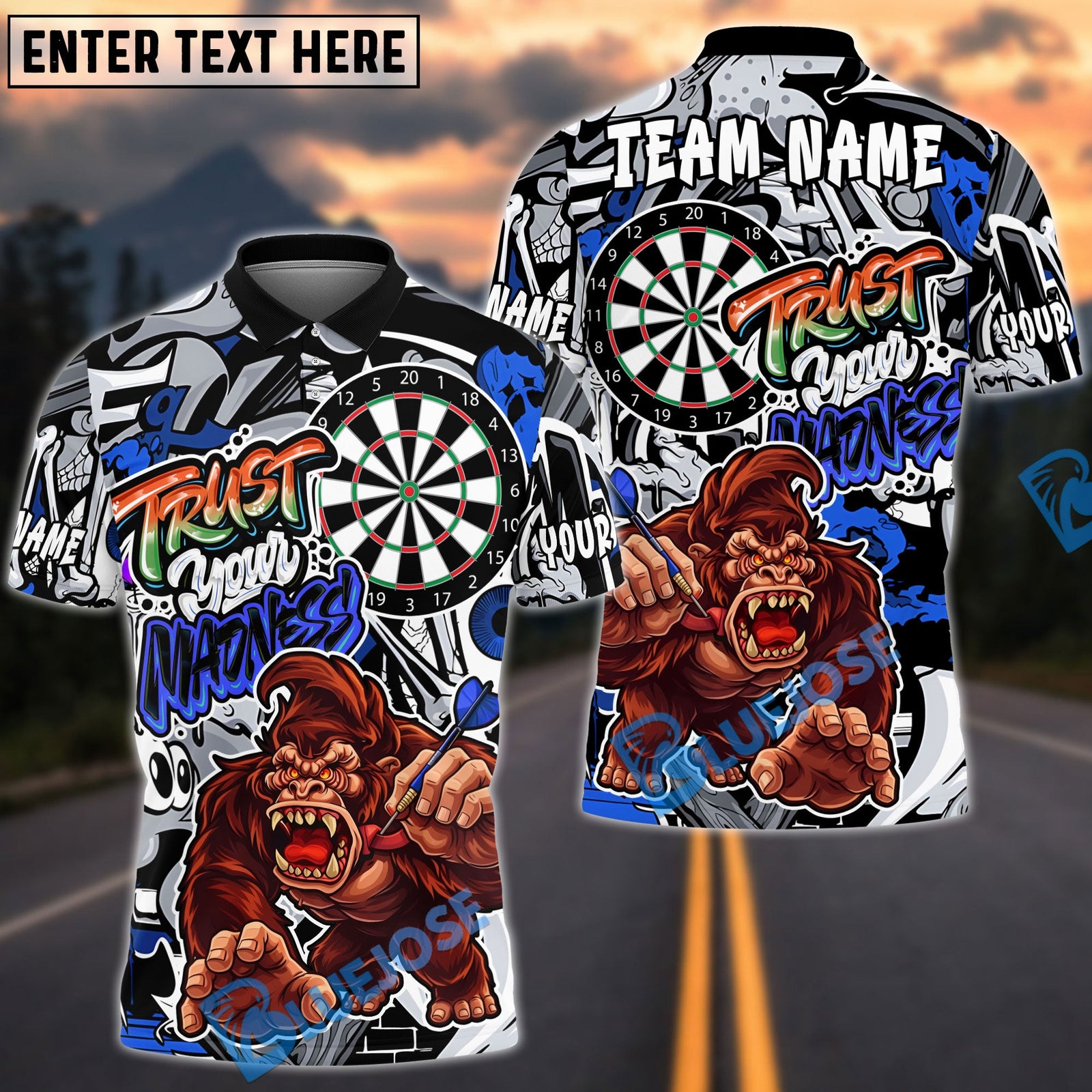 BlueJose Darts Gorilla Power Action Art Trust Your Madness Multicolor Options Personalized Name Shirt (4 Colors)