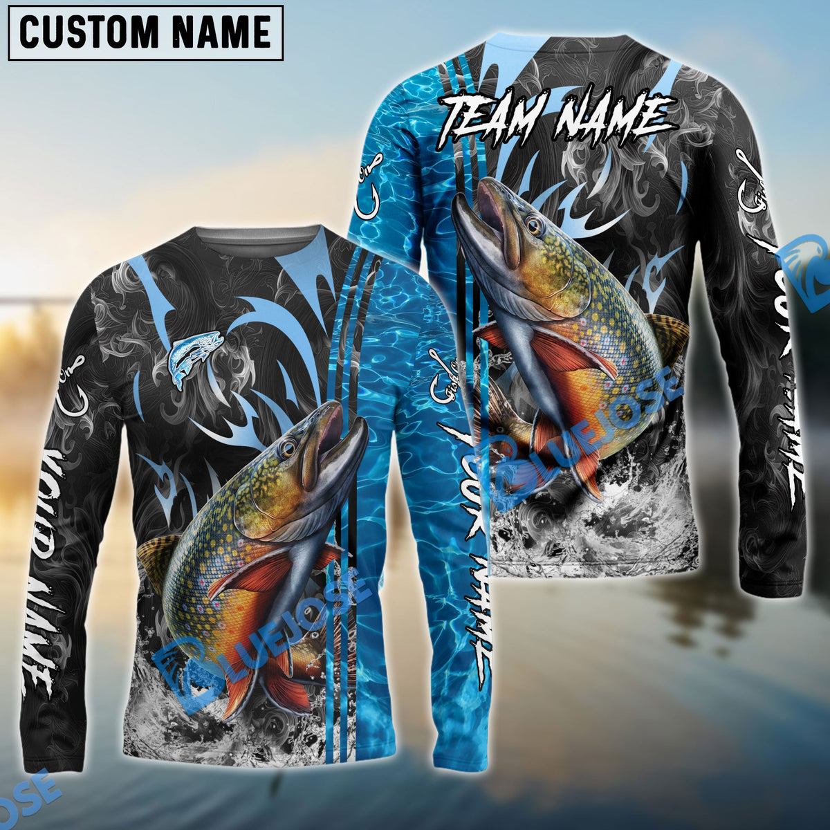 Bluejose Trout Fishing Sparkling Water Smoke Pattern Design Custom Name &amp; Team Name 3D Shirts