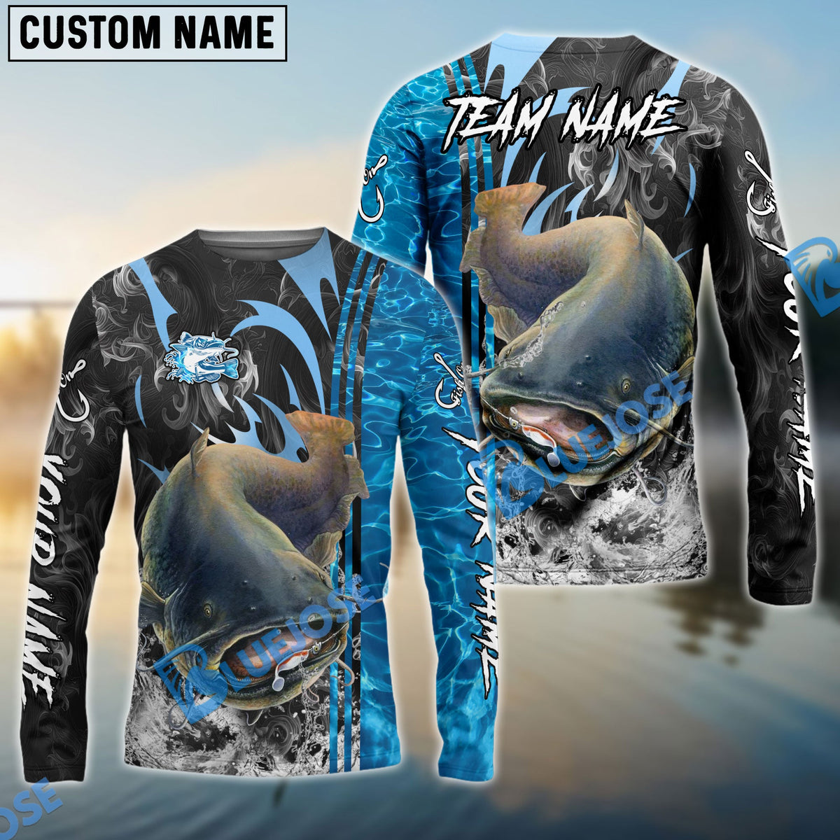 Bluejose Catfish Fishing Sparkling Water Smoke Pattern Design Custom Name &amp; Team Name 3D Shirts