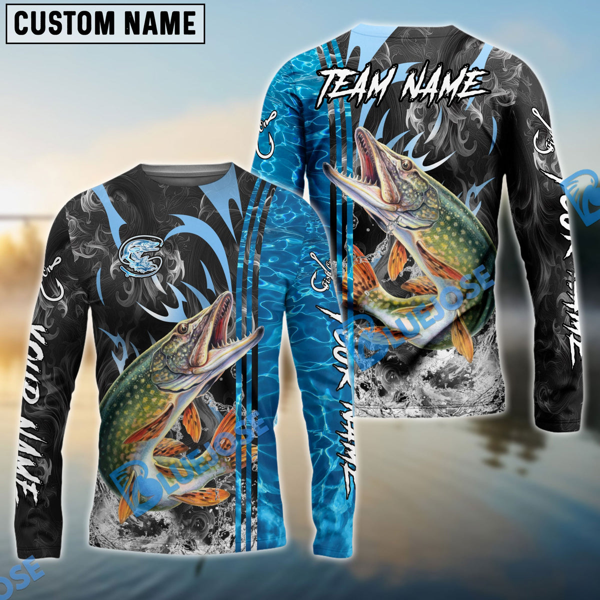Bluejose Pike Fishing Sparkling Water Smoke Pattern Design Custom Name &amp; Team Name 3D Shirts