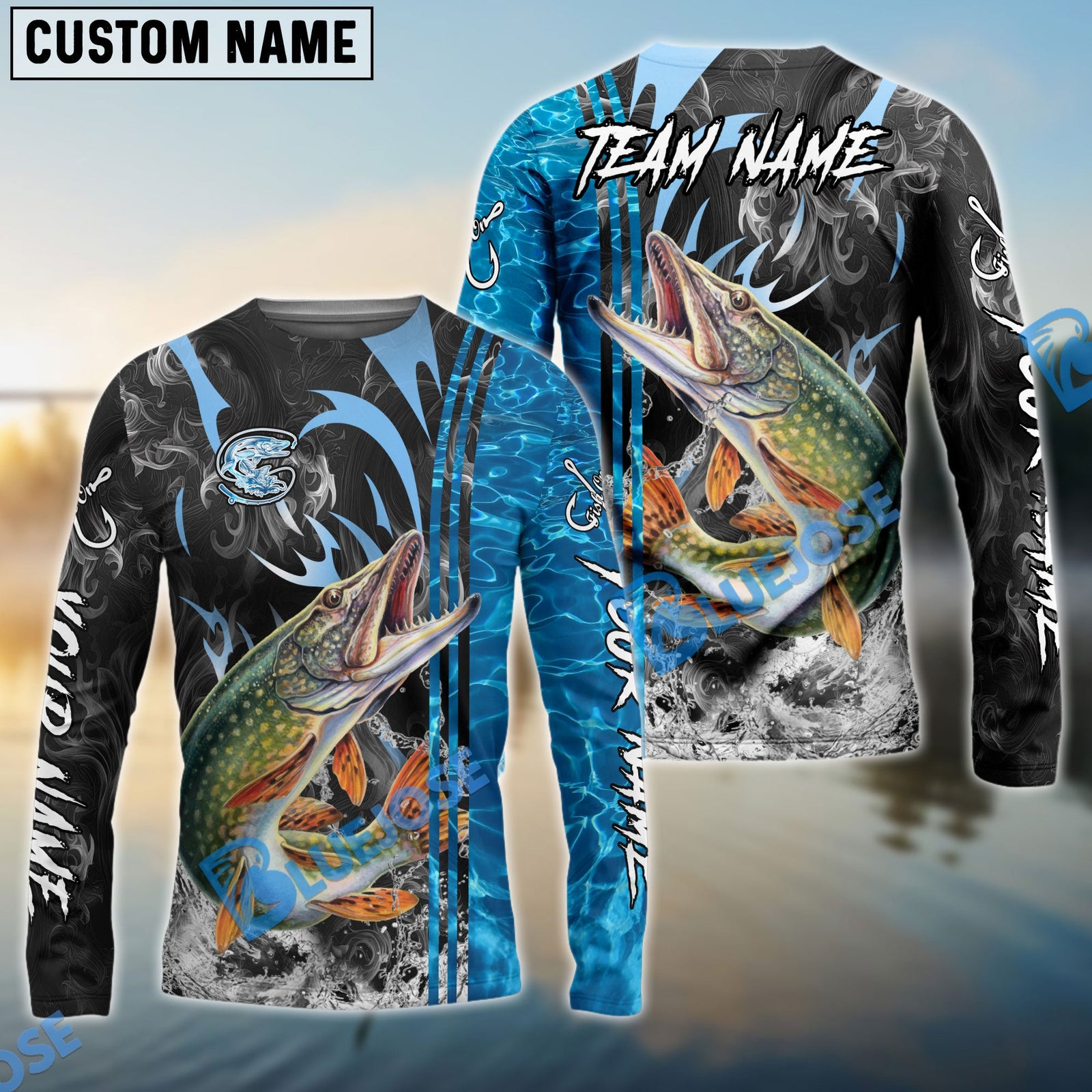 Bluejose Pike Fishing Sparkling Water Smoke Pattern Design Custom Name & Team Name 3D Shirts