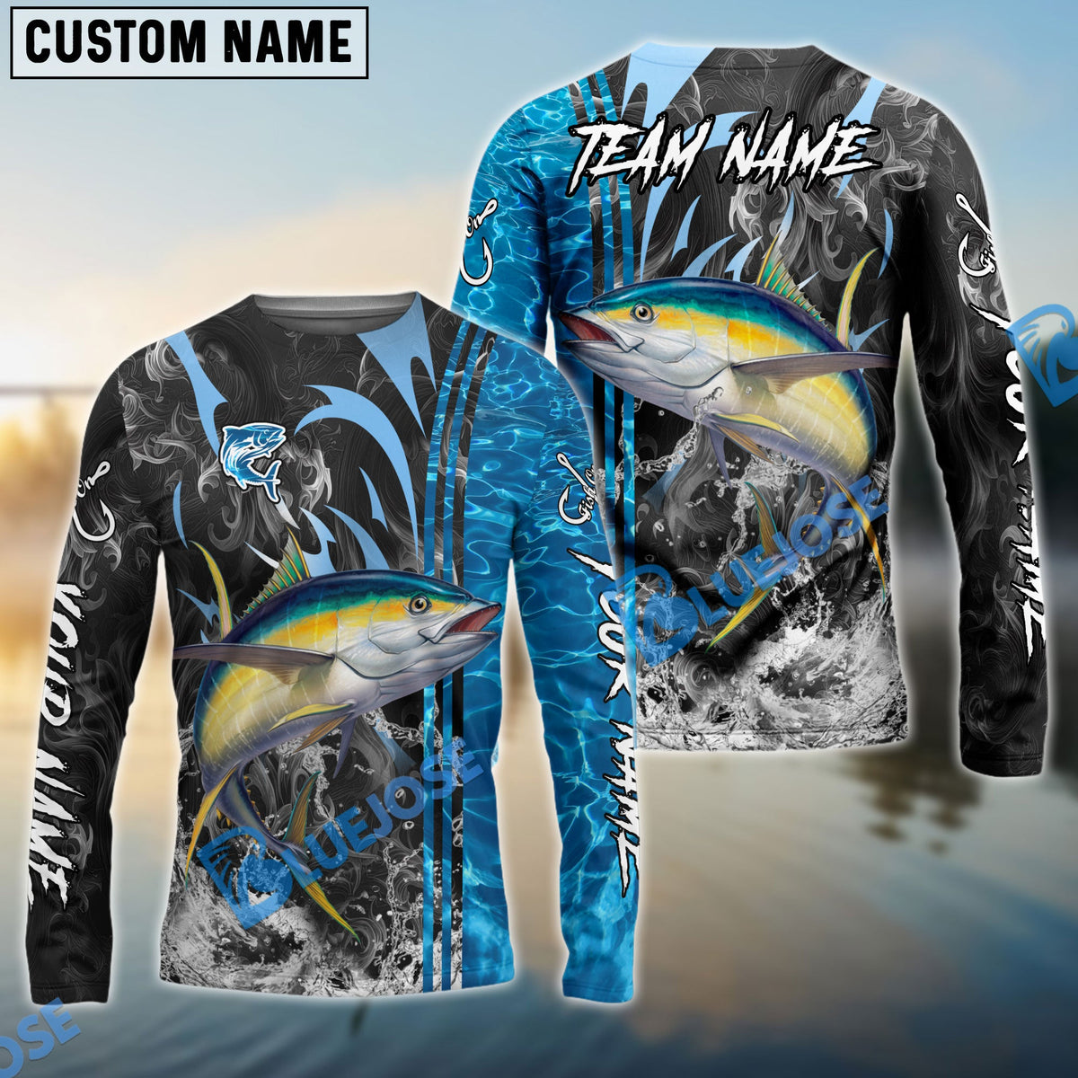 Bluejose Tuna Fishing Sparkling Water Smoke Pattern Design Custom Name &amp; Team Name 3D Shirts