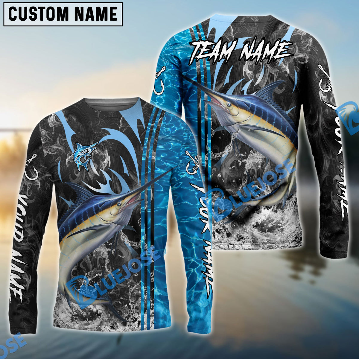 Bluejose Marlin Fishing Sparkling Water Smoke Pattern Design Custom Name &amp; Team Name 3D Shirts