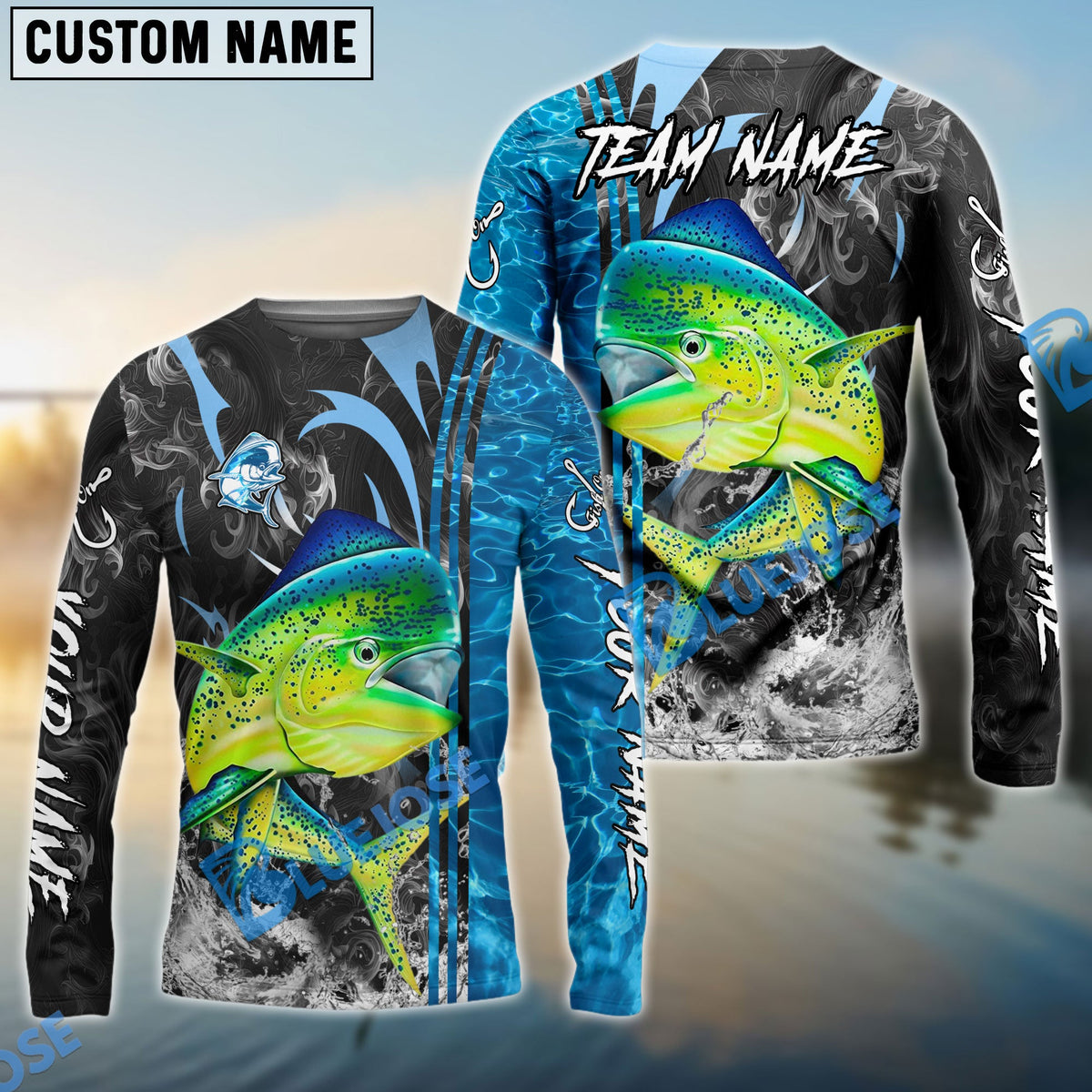Bluejose Mahi-Mahi Fishing Sparkling Water Smoke Pattern Design Custom Name &amp; Team Name 3D Shirts