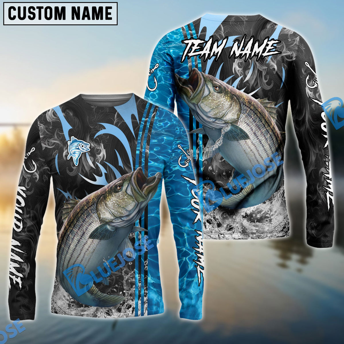 Bluejose Striped Bass Fishing Sparkling Water Smoke Pattern Design Custom Name &amp; Team Name 3D Shirts