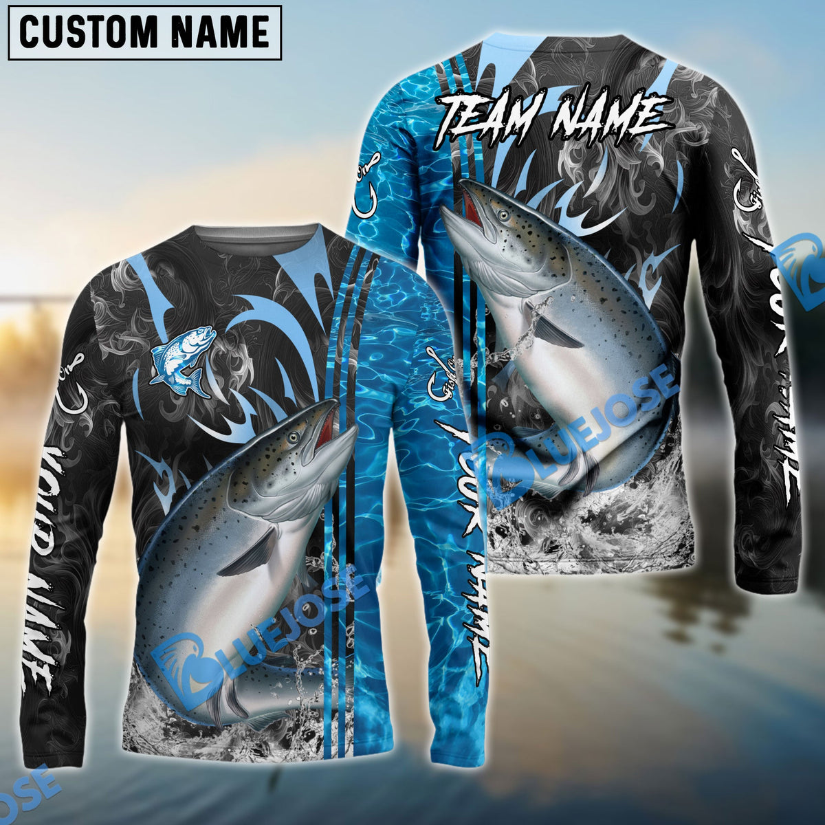 Bluejose Salmon Fishing Sparkling Water Smoke Pattern Design Custom Name &amp; Team Name 3D Shirts