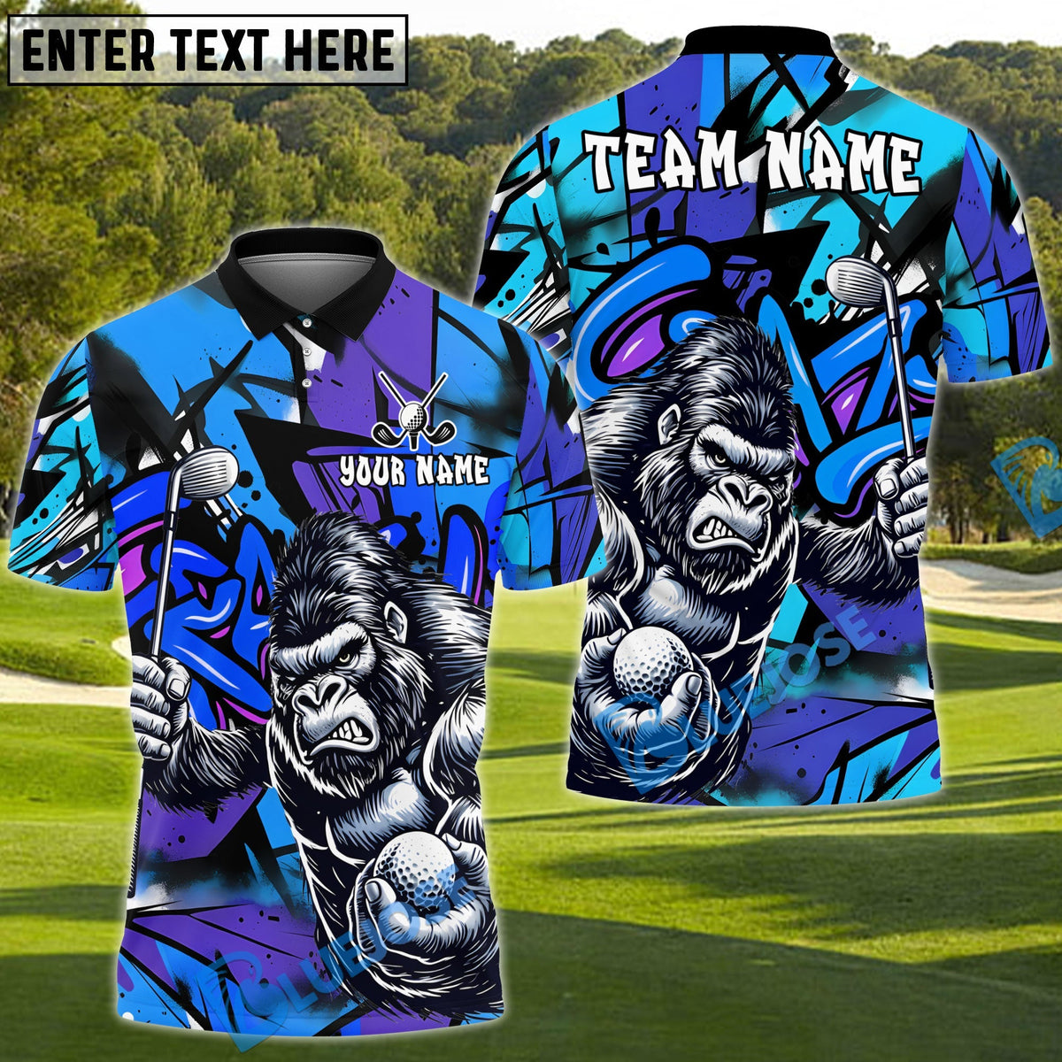 BlueJose Savage Gorilla Swing Golf Polo Shirt Customized Name, Team Name 3D Shirts (4 Colors)