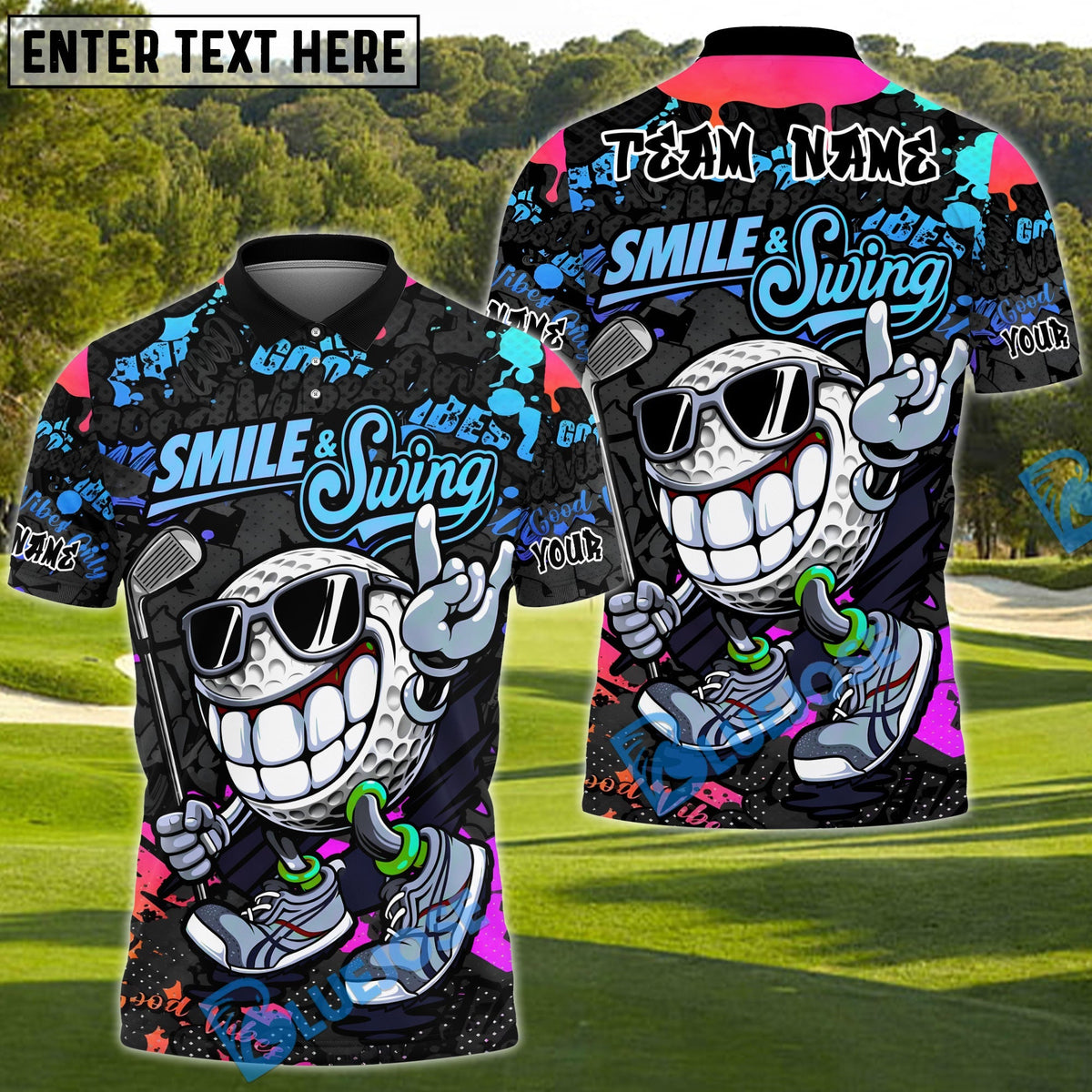 BlueJose Smile &amp; Swing Urban Golf Polo Shirt Customized Name, Team Name 3D Shirts (4 Colors)