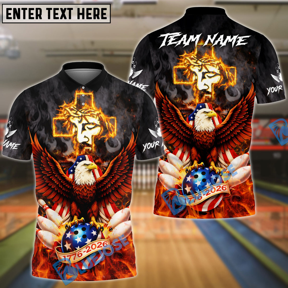 BlueJose Bowling &amp; Pins Flame Eagle American Cross God Customized Name, Team Name 3D Shirt (4 Colors)