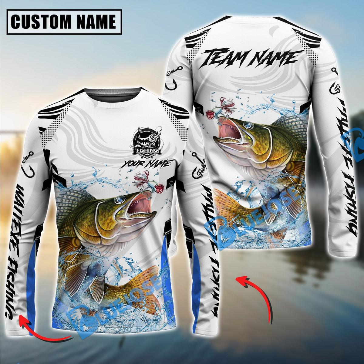 Bluejose Walleye Fishing White Black Curve Pattern Design Custom Name &amp; Team Name 3D Shirts