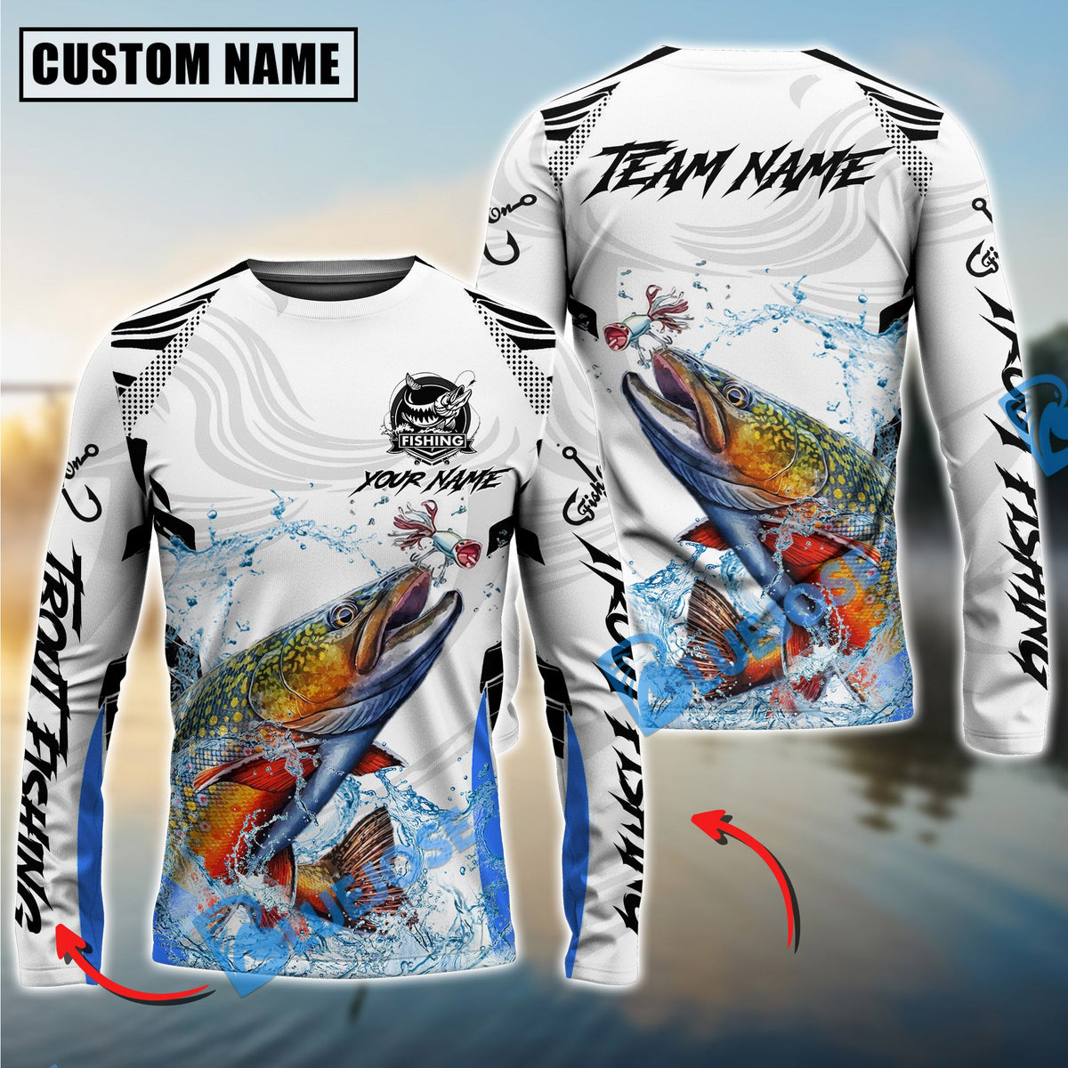 Bluejose Trout Fishing White Black Curve Pattern Design Custom Name &amp; Team Name 3D Shirts