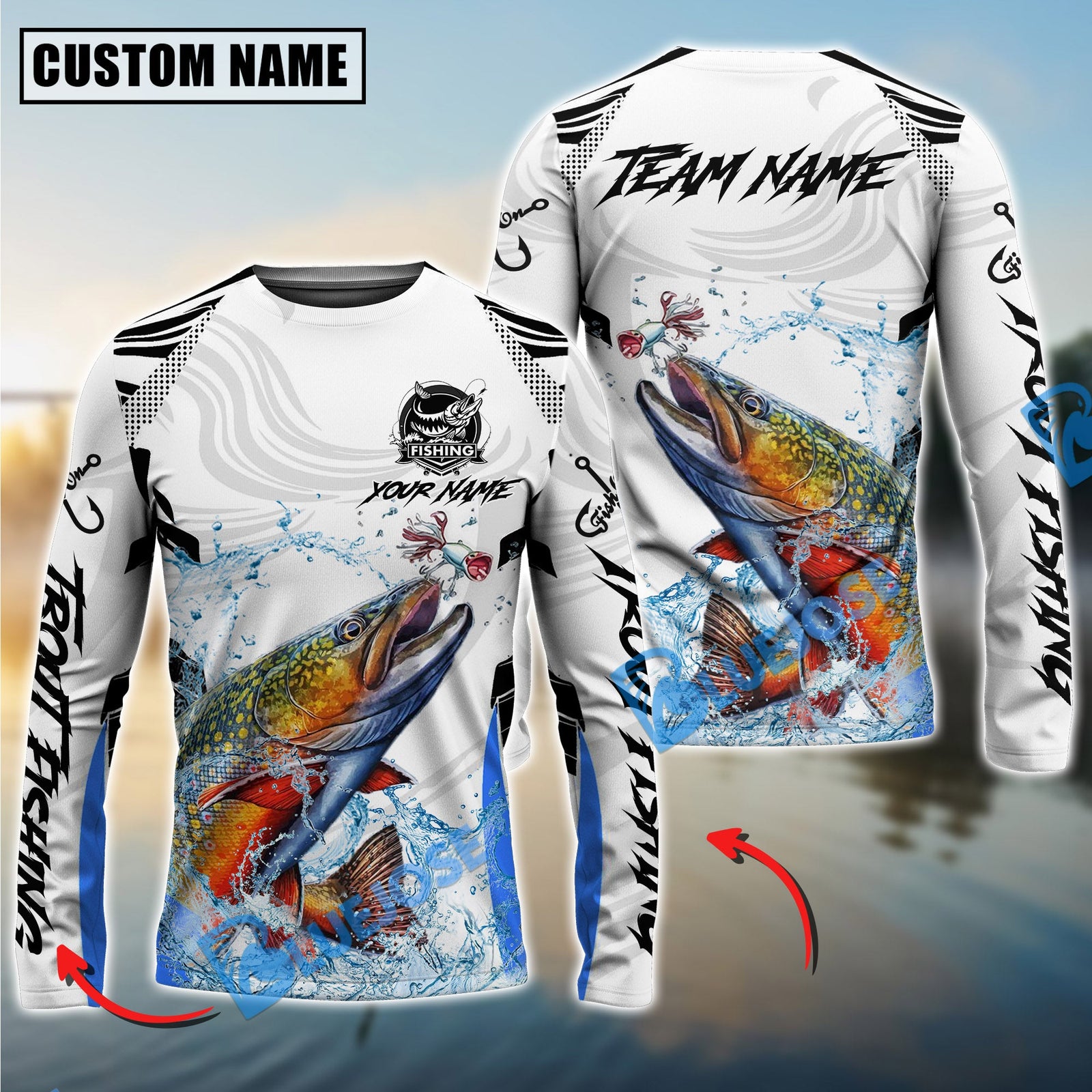 Bluejose Trout Fishing White Black Curve Pattern Design Custom Name & Team Name 3D Shirts