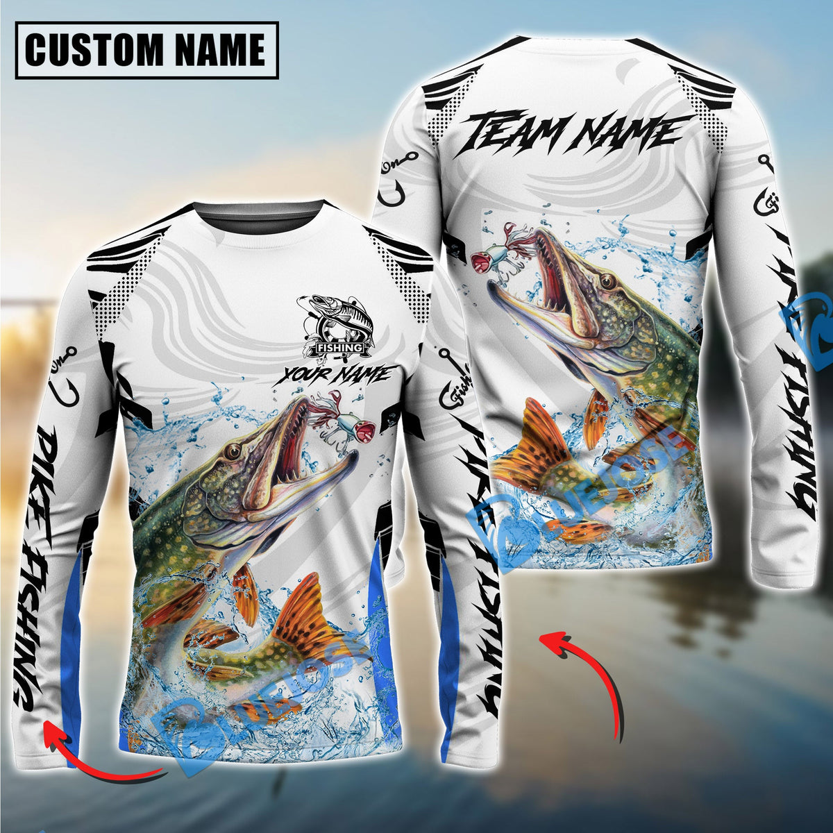 Bluejose Pike Fishing White Black Curve Pattern Design Custom Name &amp; Team Name 3D Shirts