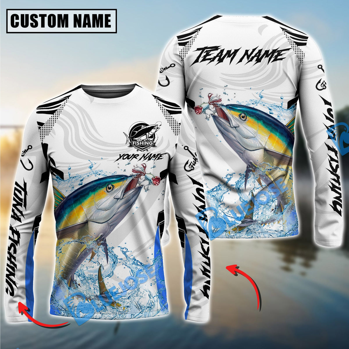 Bluejose Tuna Fishing White Black Curve Pattern Design Custom Name &amp; Team Name 3D Shirts