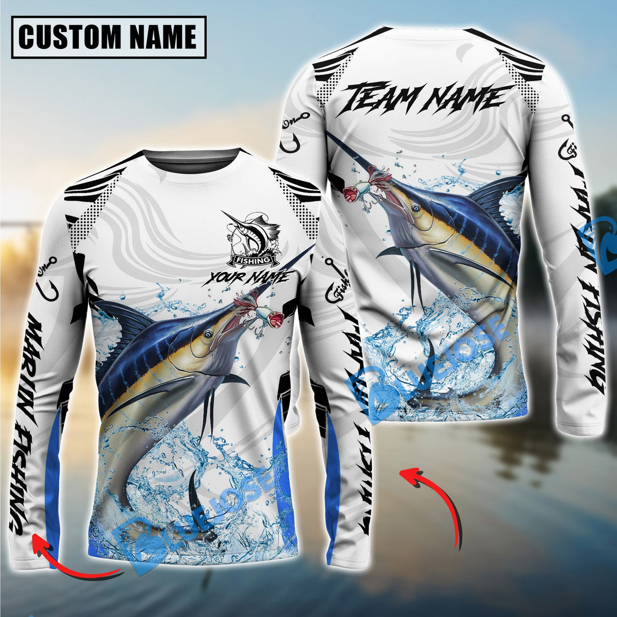 Bluejose Marlin Fishing White Black Curve Pattern Design Custom Name &amp; Team Name 3D Shirts