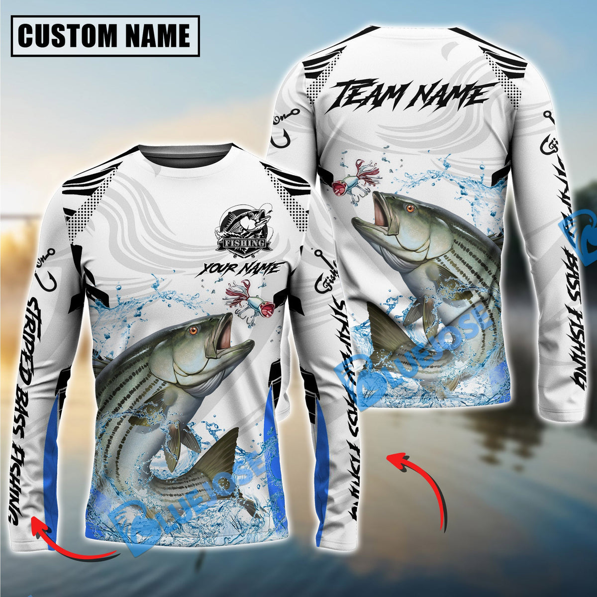 Bluejose Striped Bass Fishing White Black Curve Pattern Design Custom Name &amp; Team Name 3D Shirts
