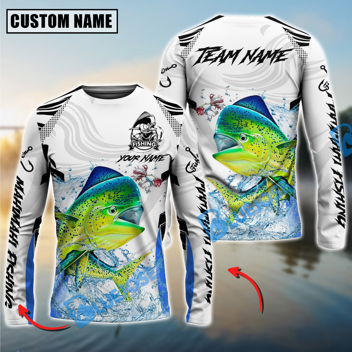 Bluejose Mahi Mahi Fishing White Black Curve Pattern Design Custom Name &amp; Team Name 3D Shirts