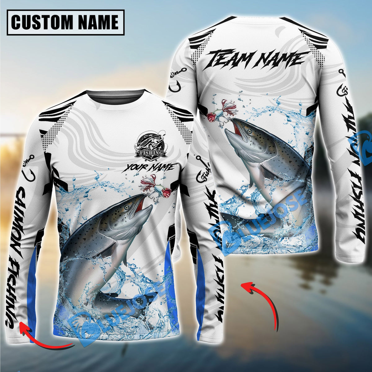 Bluejose Salmon Fishing White Black Curve Pattern Design Custom Name &amp; Team Name 3D Shirts