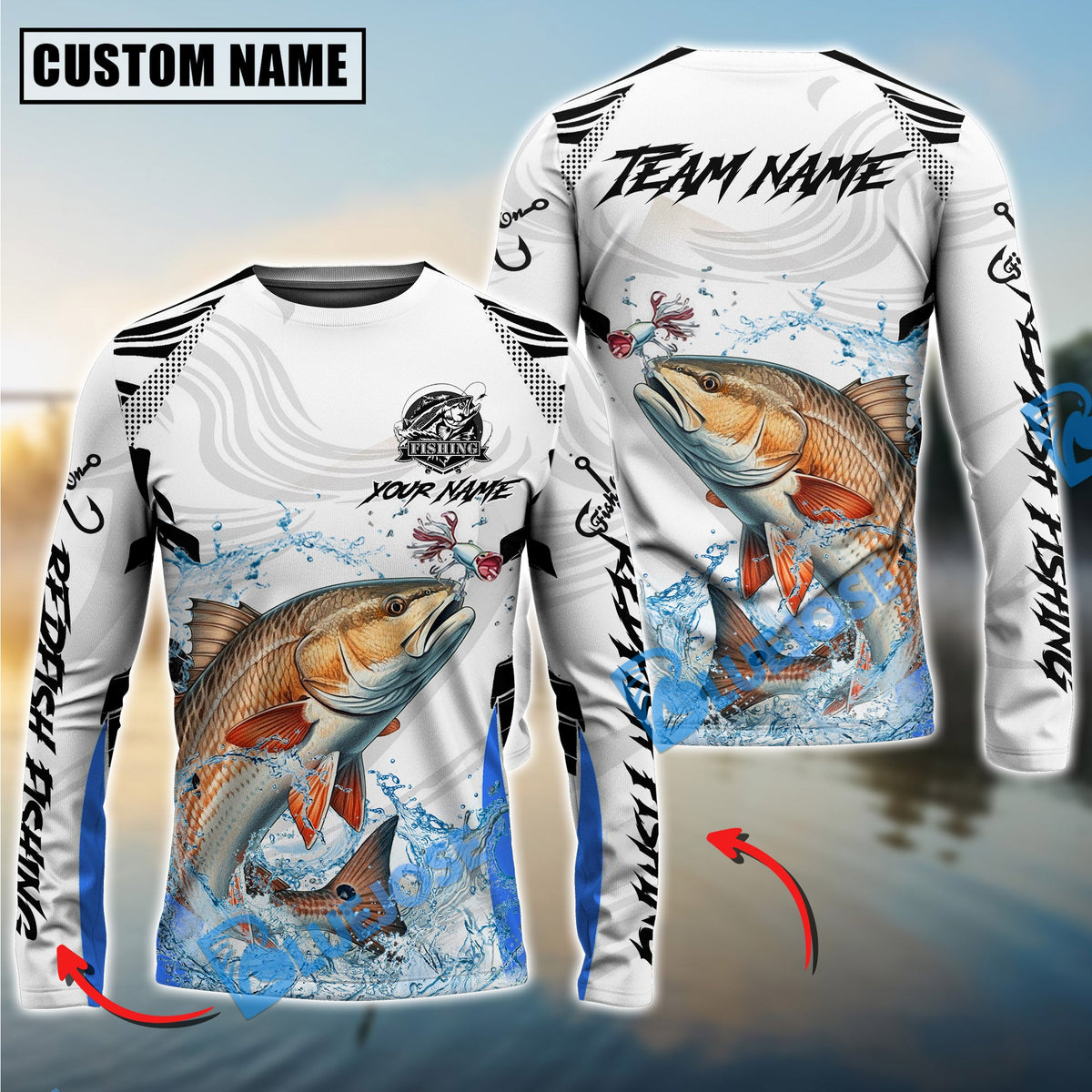 Bluejose Red Fish Fishing White Black Curve Pattern Design Custom Name &amp; Team Name 3D Shirts