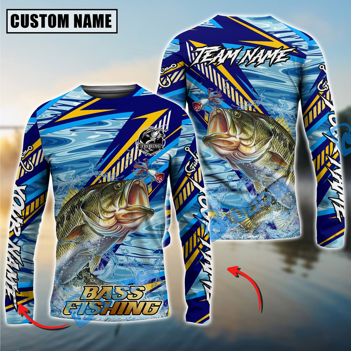 Bluejose Red Fish Fishing Yellow Blue Lightning Pattern Design Custom Name &amp; Team Name 3D Shirts