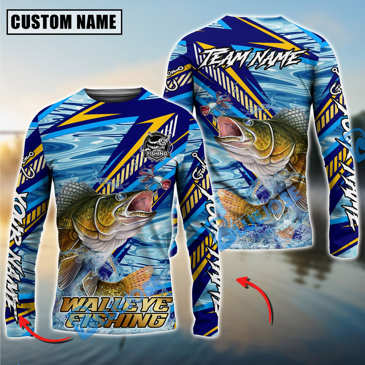 Bluejose Walleye Fishing Yellow Blue Lightning Pattern Design Custom Name &amp; Team Name 3D Shirts