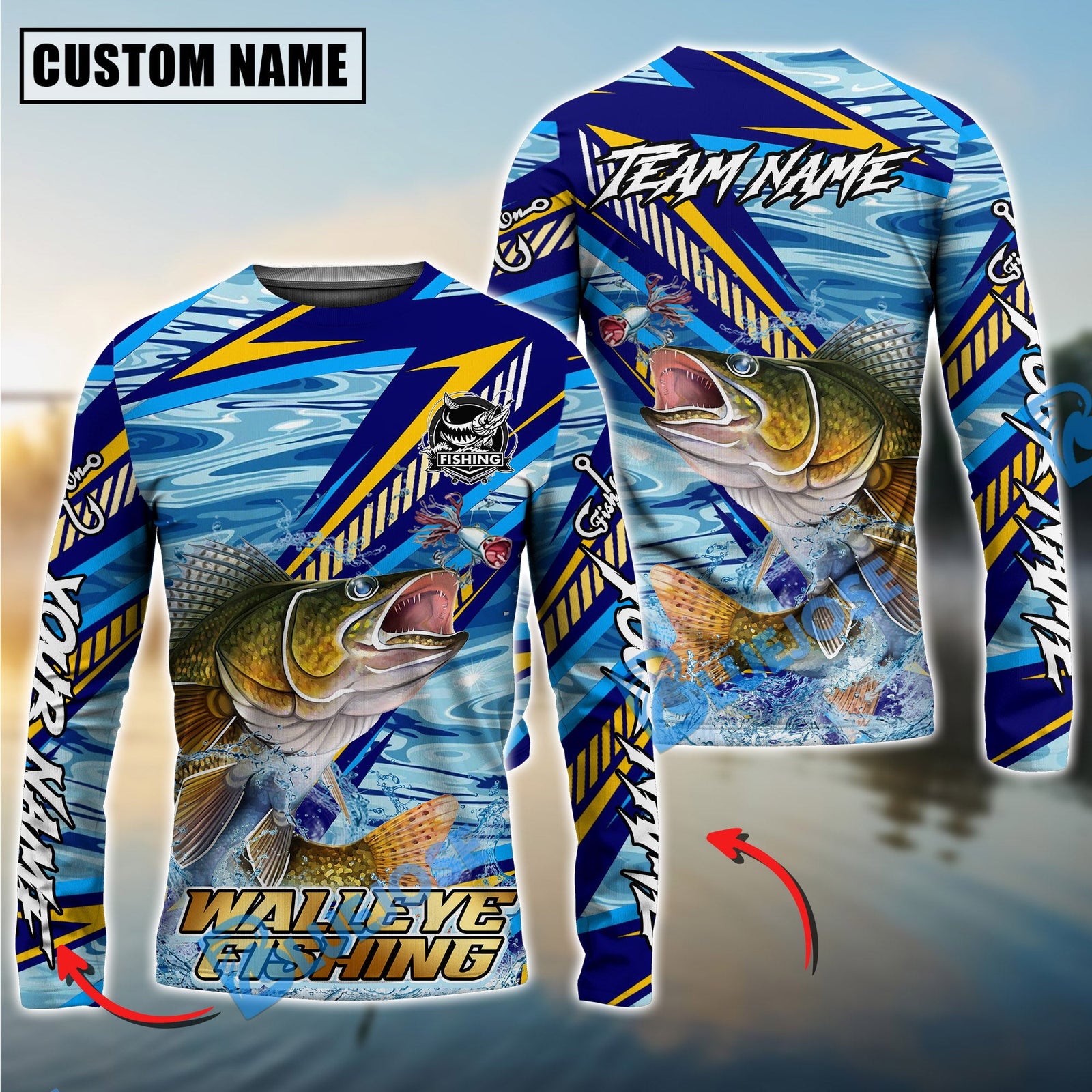 Bluejose Walleye Fishing Yellow Blue Lightning Pattern Design Custom Name & Team Name 3D Shirts