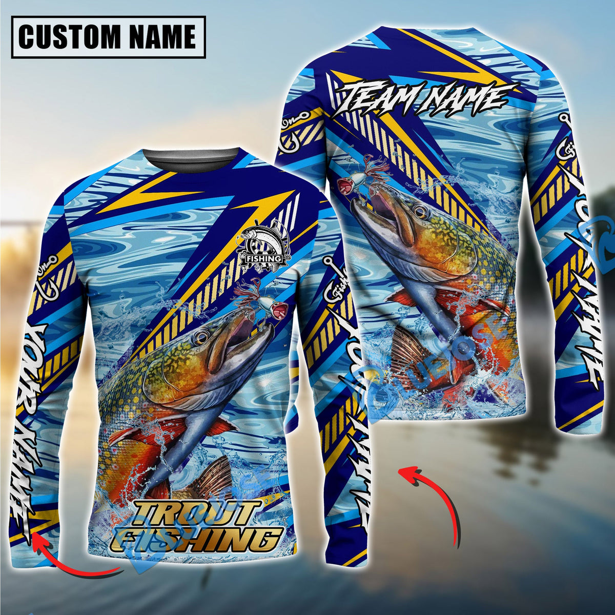 Bluejose Trout Fishing Yellow Blue Lightning Pattern Design Custom Name &amp; Team Name 3D Shirts