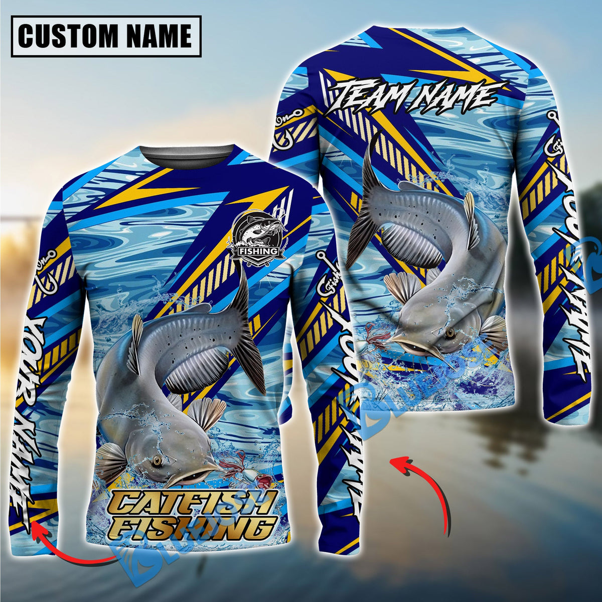 Bluejose Catfish Fishing Yellow Blue Lightning Pattern Design Custom Name &amp; Team Name 3D Shirts