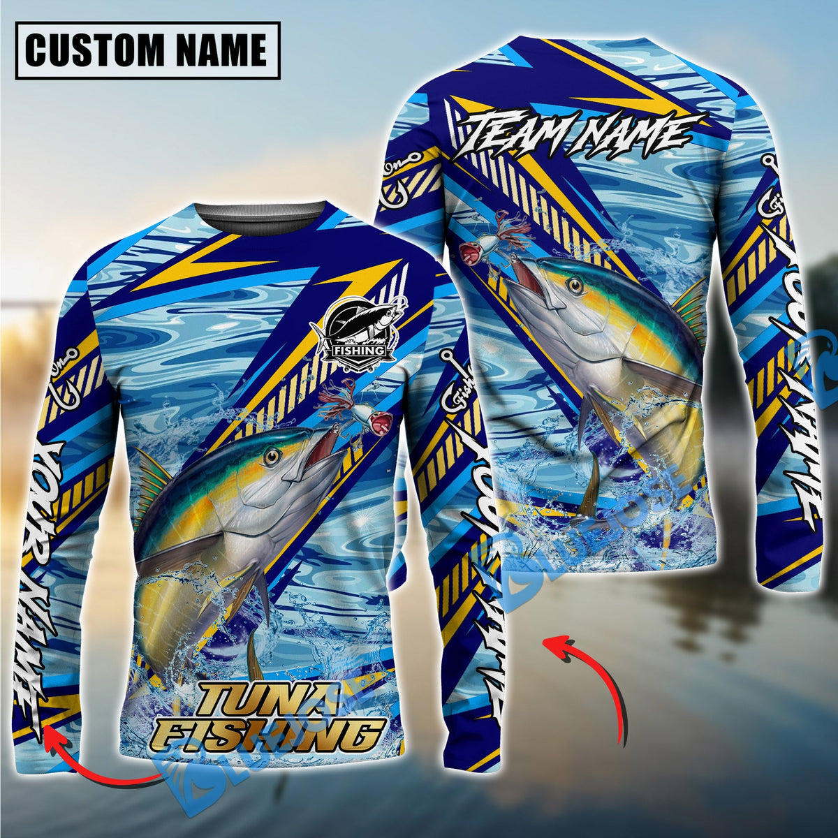 Bluejose Tuna Fishing Yellow Blue Lightning Pattern Design Custom Name &amp; Team Name 3D Shirts