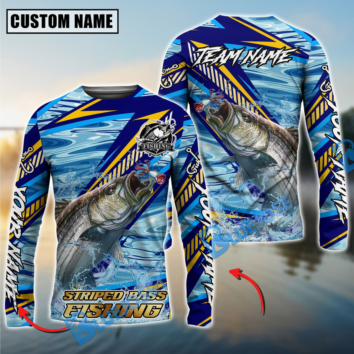 Bluejose Stripes Bass Fishing Yellow Blue Lightning Pattern Design Custom Name &amp; Team Name 3D Shirts