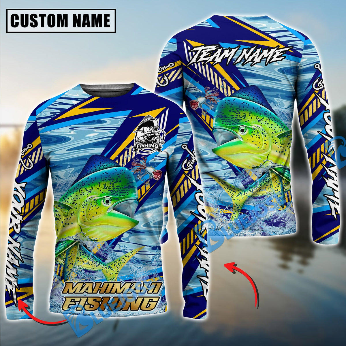 Bluejose Mahimahi Fishing Yellow Blue Lightning Pattern Design Custom Name &amp; Team Name 3D Shirts