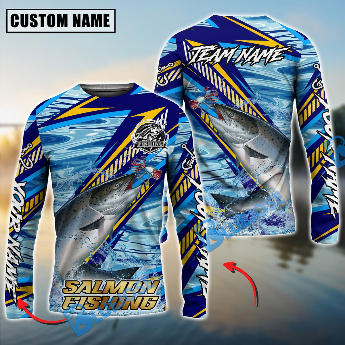 Bluejose Salmon Fishing Yellow Blue Lightning Pattern Design Custom Name &amp; Team Name 3D Shirts