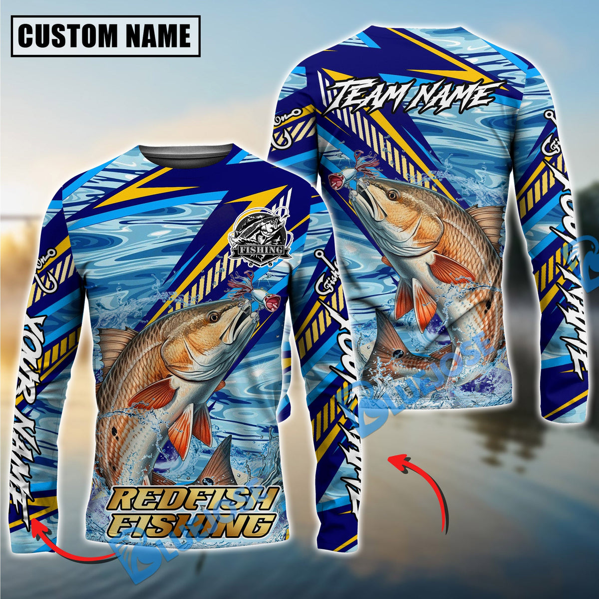 Bluejose Red Fish Fishing Yellow Blue Lightning Pattern Design Custom Name &amp; Team Name 3D Shirts