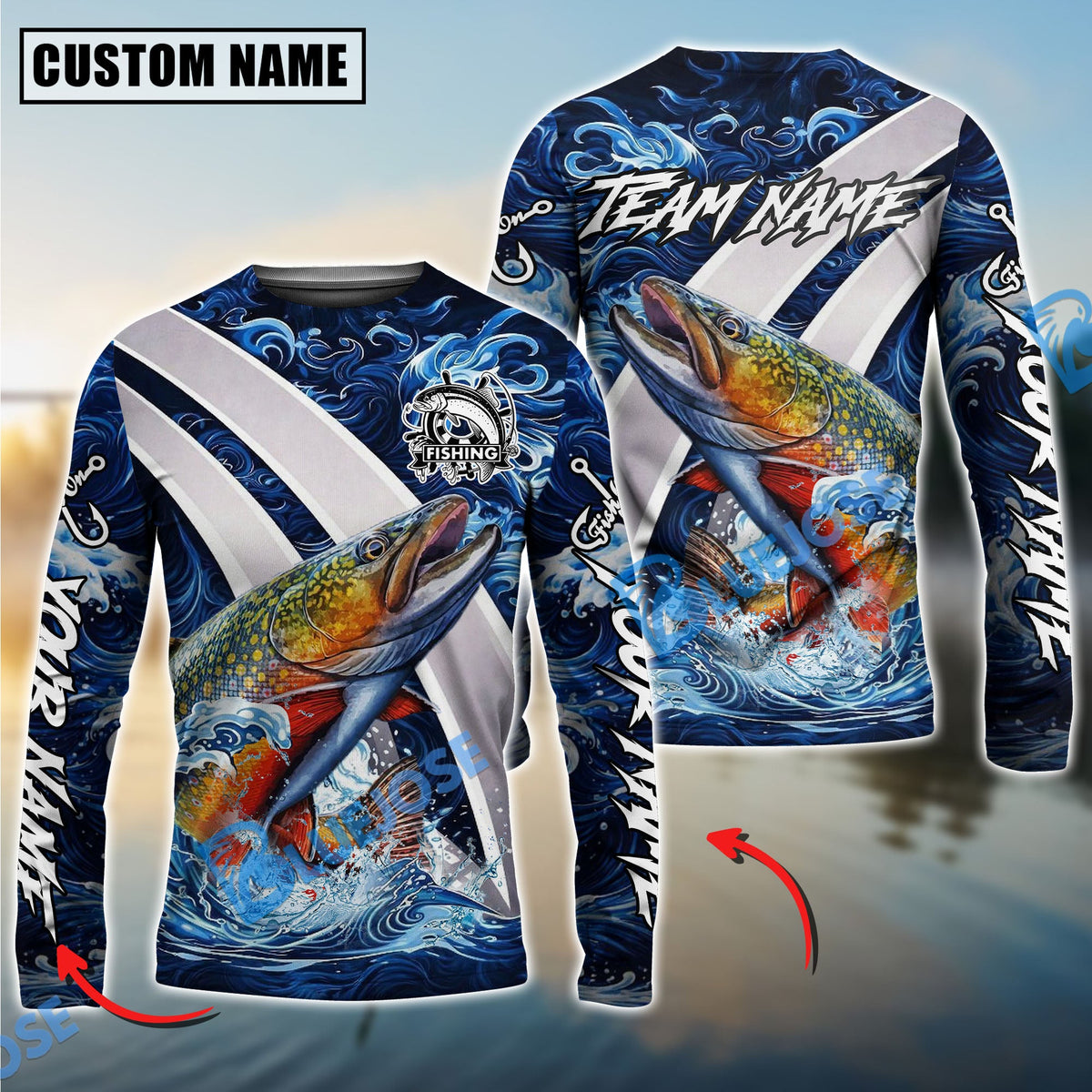 Bluejose Trout Fishing Blue Lava Smoke Silver Line Design Custom Name &amp; Team Name 3D Shirts