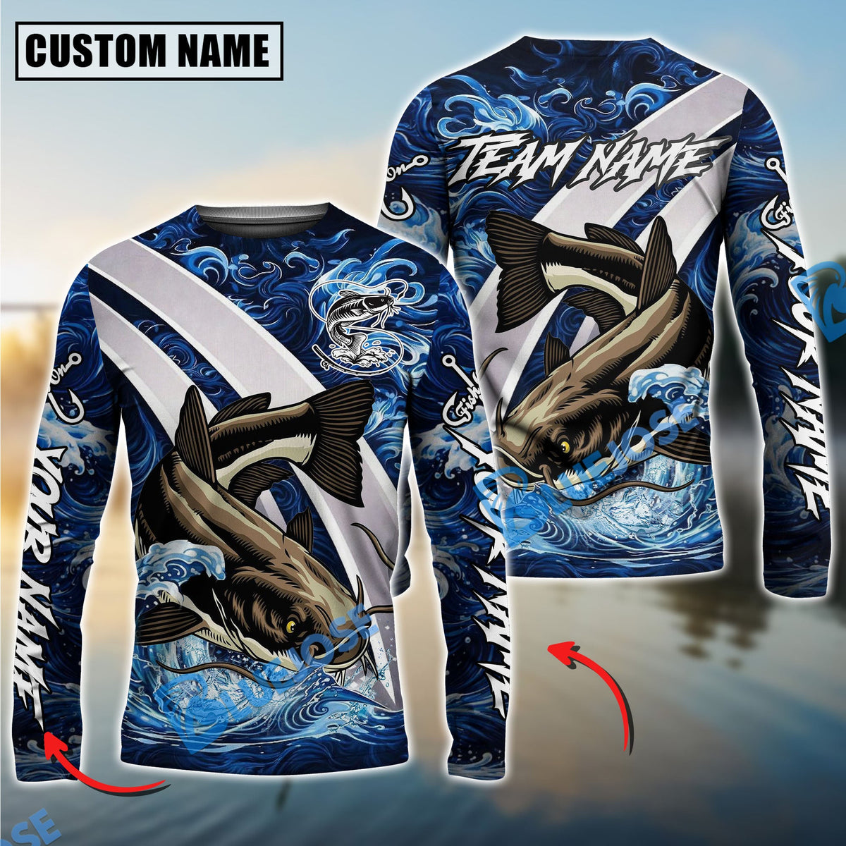 Bluejose Catfish Fishing Blue Lava Smoke Silver Line Design Custom Name &amp; Team Name 3D Shirts