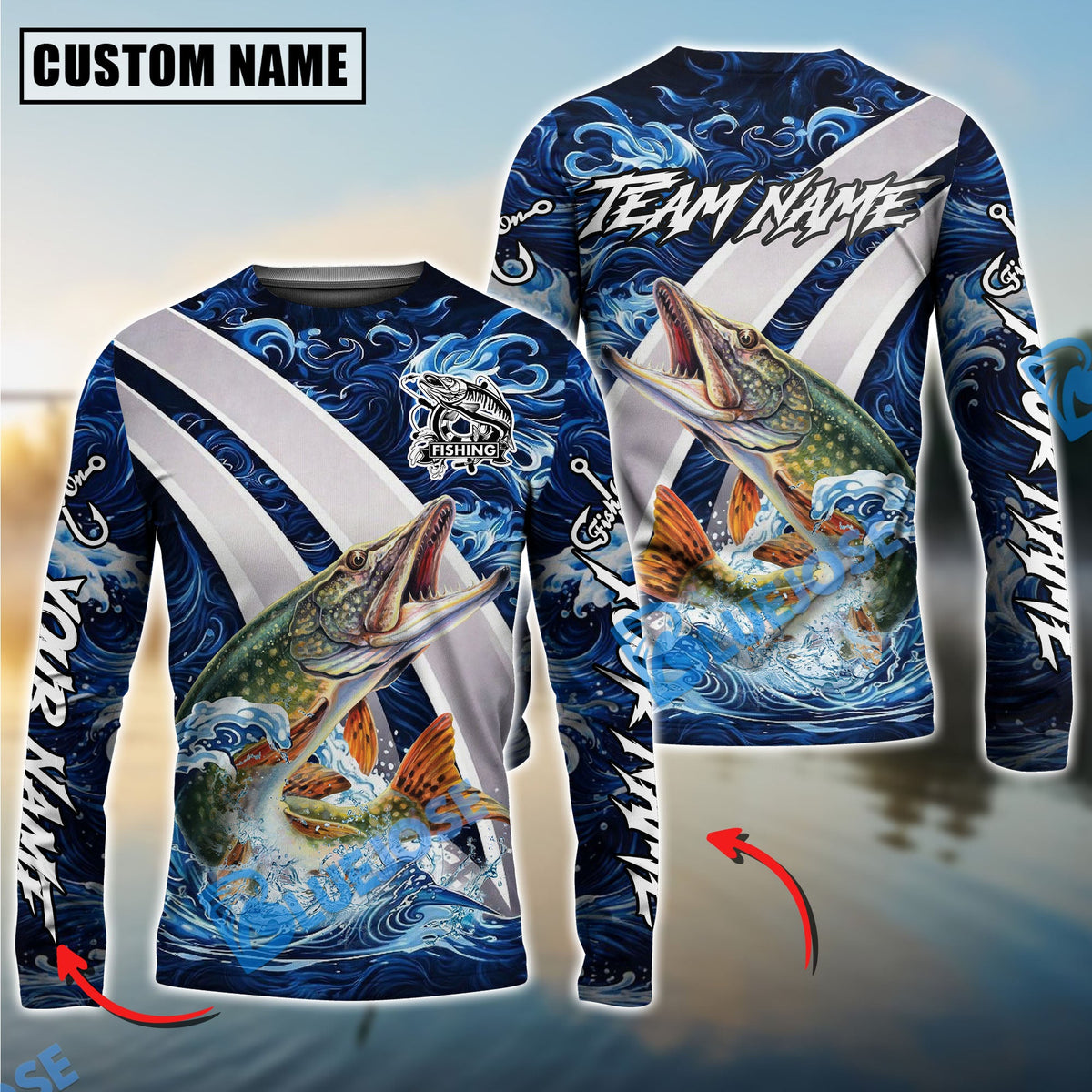 Bluejose Pike Fishing Blue Lava Smoke Silver Line Design Custom Name &amp; Team Name 3D Shirts