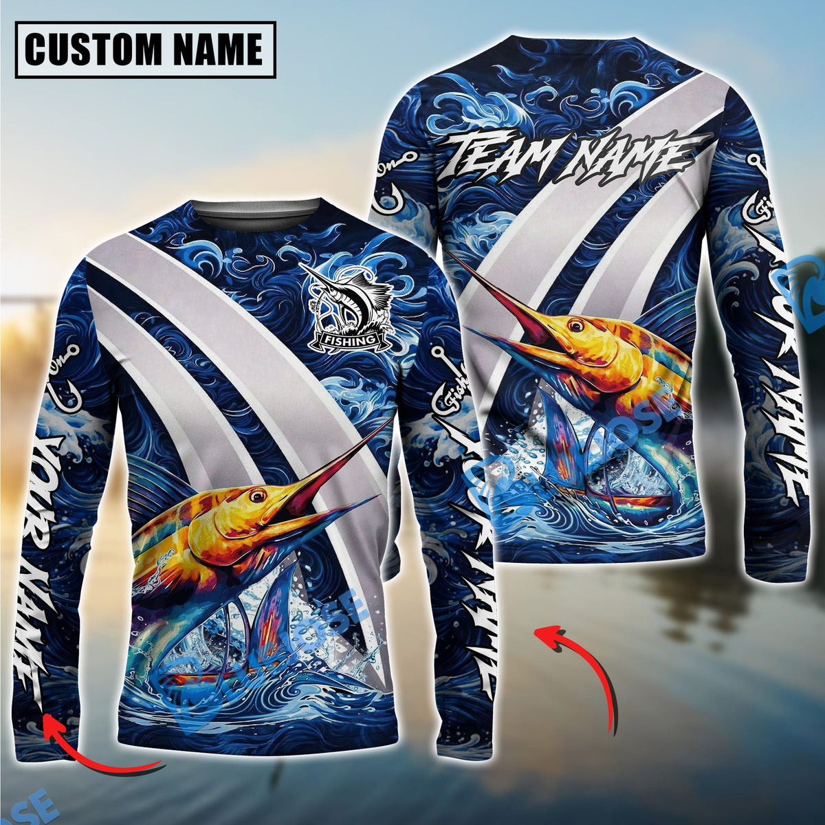 Bluejose Marlin Fishing Blue Lava Smoke Silver Line Design Custom Name &amp; Team Name 3D Shirts