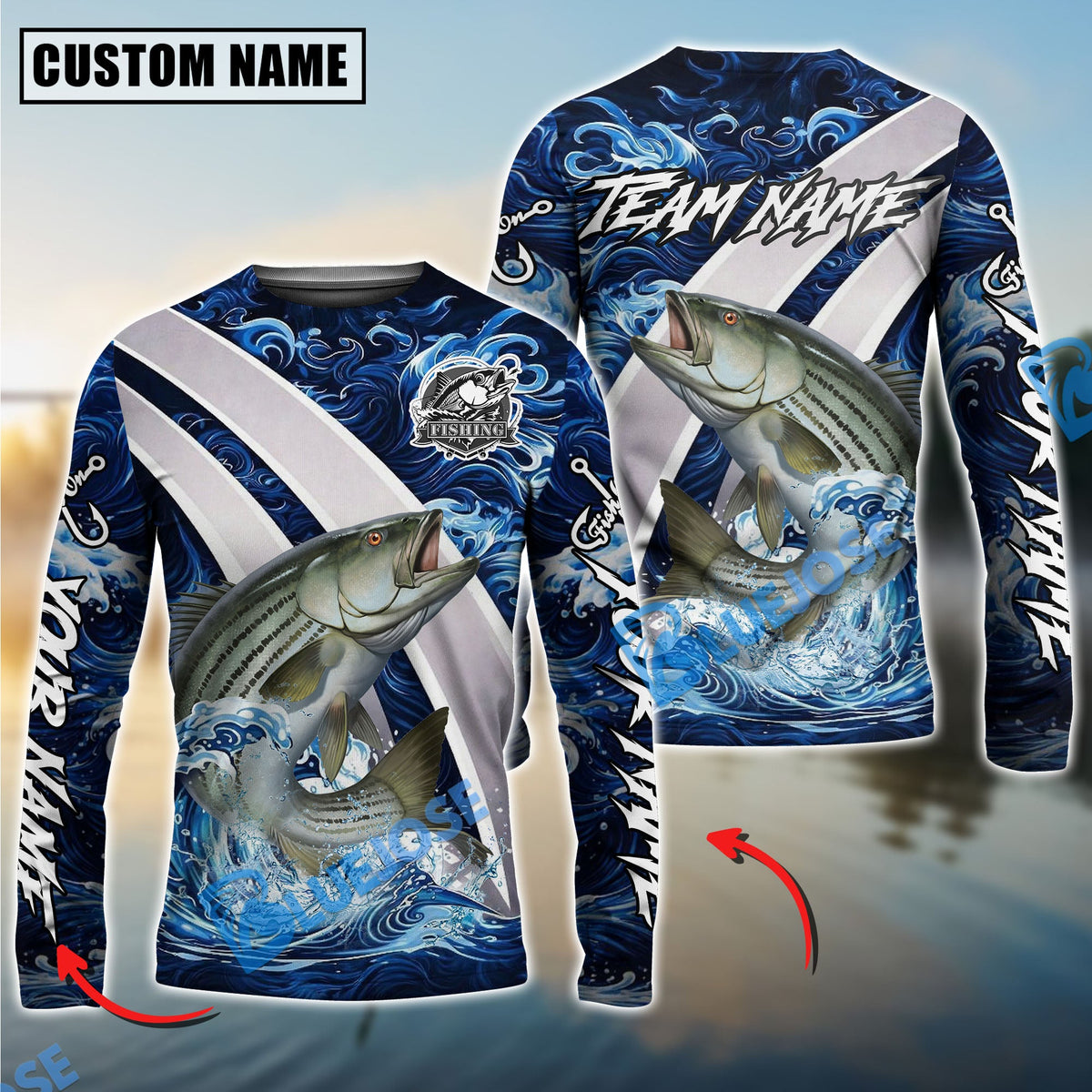 Bluejose Striped Bass Fishing Blue Lava Smoke Silver Line Design Custom Name &amp; Team Name 3D Shirts