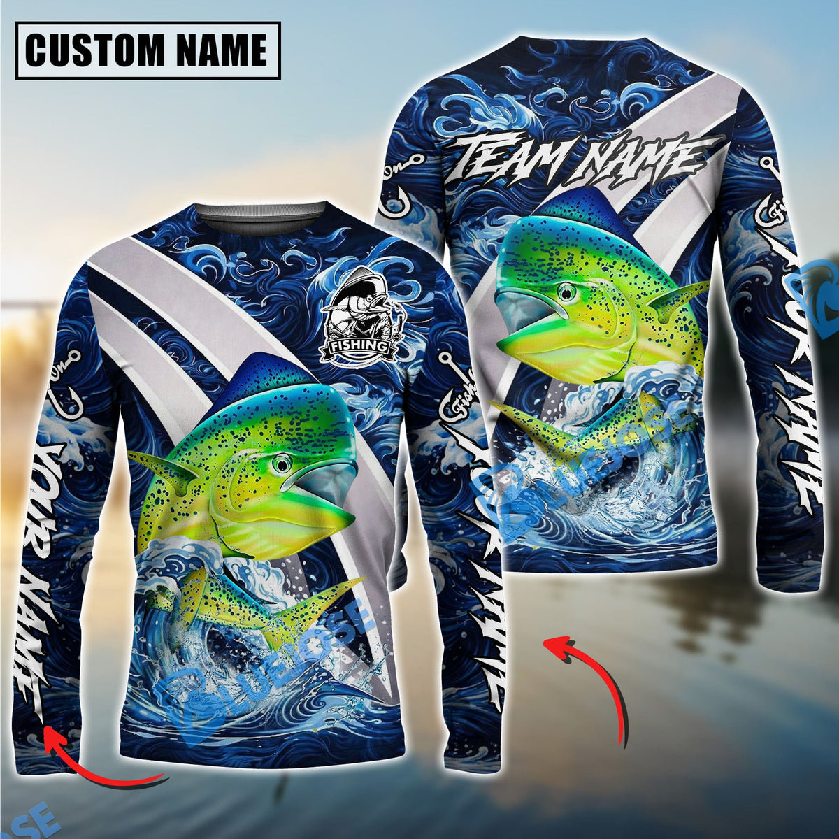 Bluejose Mahimahi Fishing Blue Lava Smoke Silver Line Design Custom Name &amp; Team Name 3D Shirts
