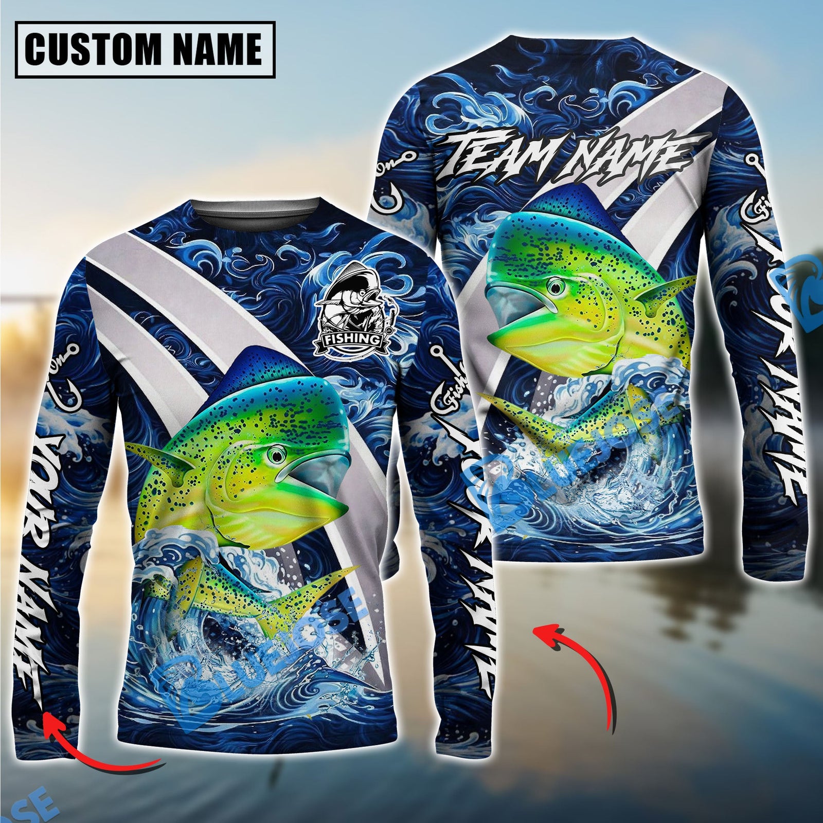 Bluejose Mahimahi Fishing Blue Lava Smoke Silver Line Design Custom Name & Team Name 3D Shirts