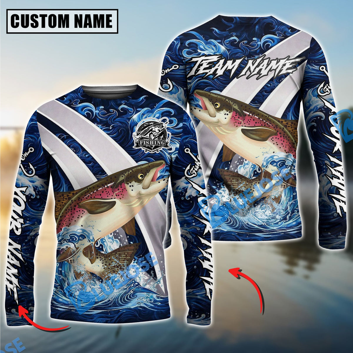 Bluejose Salmon Fishing Blue Lava Smoke Silver Line Design Custom Name &amp; Team Name 3D Shirts
